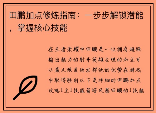 田鹏加点修炼指南：一步步解锁潜能，掌握核心技能